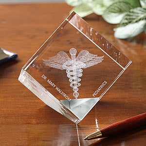 3-D Crystal Caduceus Personalized Medical Doctor Paperweight