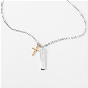 Engraved Gold & Sterling Silver Cross and Bar Necklace  - 56460