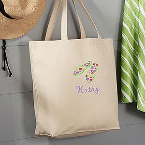 Flip Flops Embroidered Large Beach Canvas Tote Bag