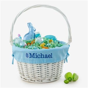 Checkered Egg Embroidered White Easter Basket with Folding Handle - 57187