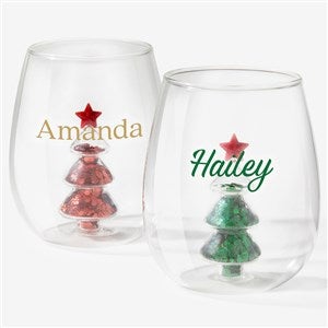 Name Personalized Glitter Tree Stemless Wine Glasses  - 58719