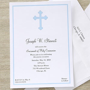 Boy's Holy Cross Custom Printed First Communion Invitations - Set of 5