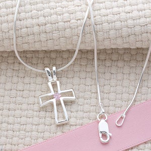 Birthstone Cross Necklace - 14 Chain