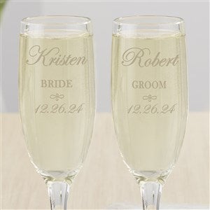 Engraved Crystal Champagne Flutes - Bride and Groom Design - 7095