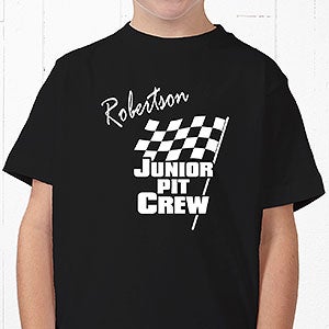 Personalized Pit Crew Car Racing Kids T-Shirt with Checkered Flag - Youth Large (14-16) - Light Gray