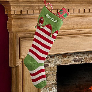 Embroidered Knit Stocking-Green Toe & Cuff