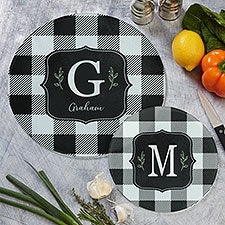 Black & White Buffalo Check Personalized Round Glass Cutting Boards - 31290