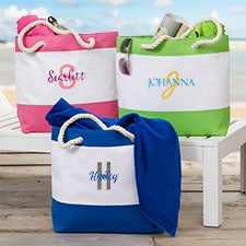 Ombre Initial Embroidered Blue Beach Tote