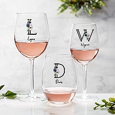 Navy Colorful Floral Personalized Wine Glasses - 32412