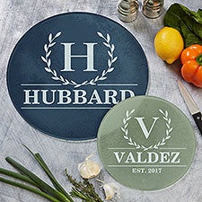 Laurel Wreath Personalized Round Glass Cutting Boards - 32425
