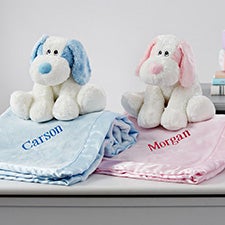 Personalized Name Embroidered Satin Trim Baby Blanket with Plush Puppy Set