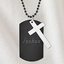 Personalized Black Stainless Steel Dog Tag  Cross Chain Necklace - 32890D