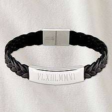 Roman Numeral Personalized Mens Braided Leather Bracelet - 32893D