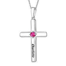 Name & Birthstone Personalized Sterling Silver Cross Necklace  - 33358D