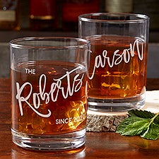 Bold Family Name Engraved Old Fashioned Whiskey Glasses  - 35942