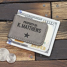 Authentic Grey Leatherette Personalized Magnetic Money Clip - 36947