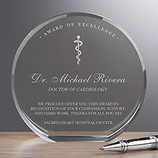 Rod of Asclepius Round Crystal Personalized Award  - 36969