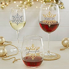 Personalized Wine Glasses - Silver and Gold Snowflakes - 37024