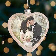 Personalized Wedding Photo Lightable Frosted Glass Heart Ornament - Gold Foliage - 37297