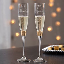 Personalized Gold Hammered Wedding Champagne Flute Set - Elegant Couple - 37842