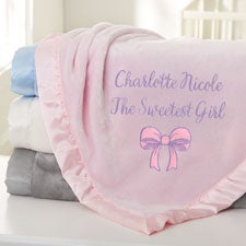 Baby Bow Embroidered Satin Trim Baby Blanket  - 38297