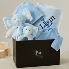 Embroidered Satin Trim Blue Baby Blanket with Clothes Set - 40823