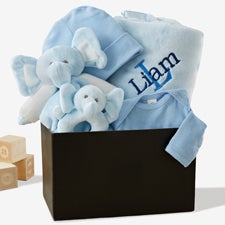 Embroidered Satin Trim Blue Baby Blanket with Clothes Set - 40823