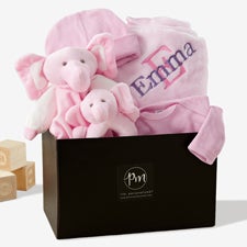 Embroidered Satin Trim Pink Baby Blanket with Clothes Set - 40824