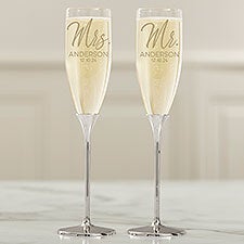Personalized Silver Wedding Flute Set - Stamped Elegance - 41206