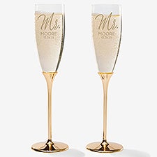 Personalized Gold Wedding Flute Set - Stamped Elegance - 41207