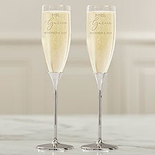 Personalized Silver Wedding Flute Set - Elegant Couple - 41215