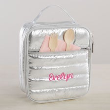 Metallic Silver Embroidered Puffer Lunch Bag  - 41534