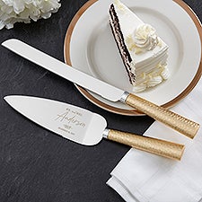 Botanical Wedding Engraved Cake Knife & Server Gold Hammered Set - 41655