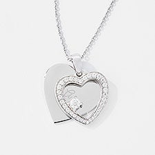 Engraved Sterling Silver Romantic Pave Heart Swing Necklace  - 43539
