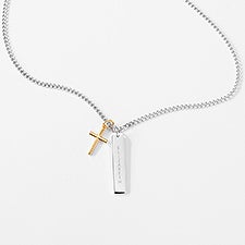 Engraved Two Tone Sterling Cross and Bar Necklace - 46119