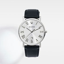 Corporate Bulova Milestone Silver and Black Leather Watch - 47216