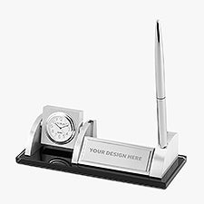 Engraved Logo Spinning Clock and Pen Stand - 48468