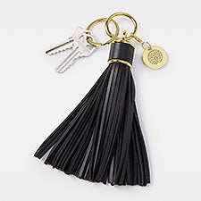 Engraved Company Black Leather Tassel Keychain & Bag Tag  - 49038