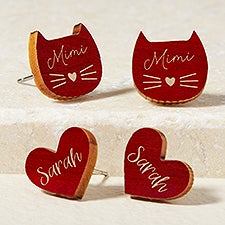 Cat  Heart Personalized Wood Stud Earrings  - 49894