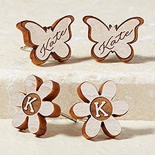 Butterfly  Flower Personalized Wood Stud Earrings  - 49896