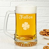 Personalized Irish Beer Mug - Glass Four Leaf Clover Design - 4993