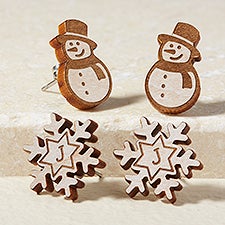 Snowman  Snowflake Personalized Wood Stud Earrings  - 50723