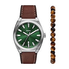Engraved Fossil Everett Leather Watch and Beaded Bracelet Gift Set  - 52909