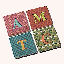 Geometric Monogram Personalized Tumbled Stone Coaster Set  - 54250