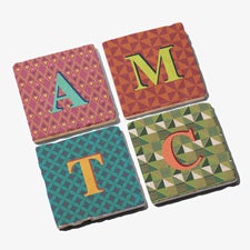 Geometric Monogram Personalized Tumbled Stone Coaster Set  - 54250