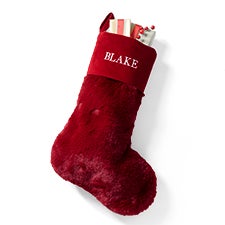 Embroidered Luxe Faux Fur Stocking in Dark Red - 55893