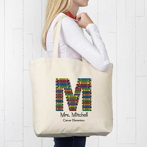 Crayon Letter Personalized Large Teacher Canvas Tote Bag