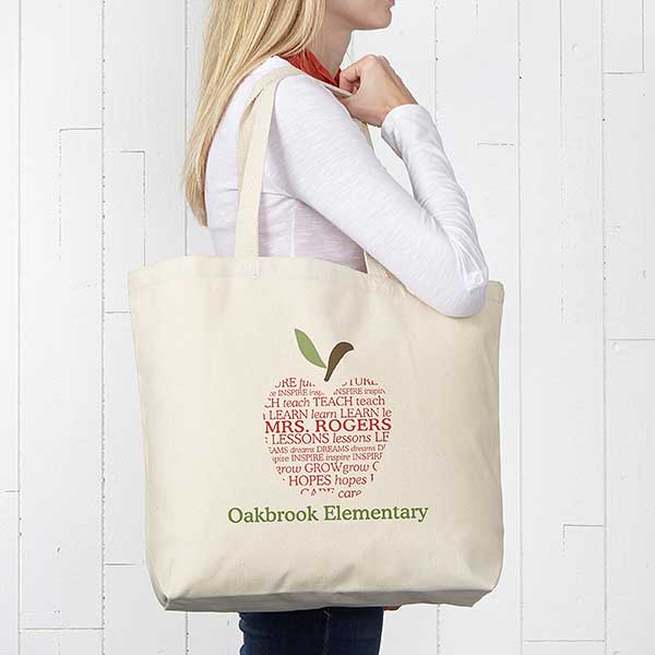 Apple Scroll Personalized Large Teacher Canvas Tote Bag