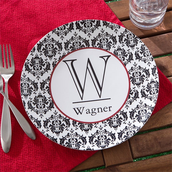 Personalized Melamine Dinnerware Set - Damask Family Name & Initial - 10864D