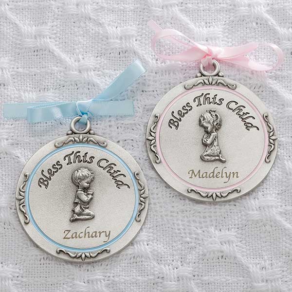 GUARDIAN ANGEL Baby GIRL Crib Cross 4 PEWTER Medal CHRISTENING BABY SHOWER GIFT Baptism KEEPSAKE with PINK RIBBON GIFT BOXED Bless The Child Original Version